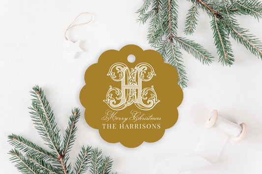 2.5x2.5 inch Personalized Scalloped Christmas Circle Gift Tags | Custom Monogram Gift Tags | Family Gift Tag