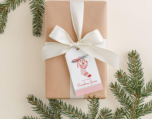 Personalized 2 x 3.5 inch Pink Watercolor Christmas Stocking Gift Tags | Custom Gift Tags