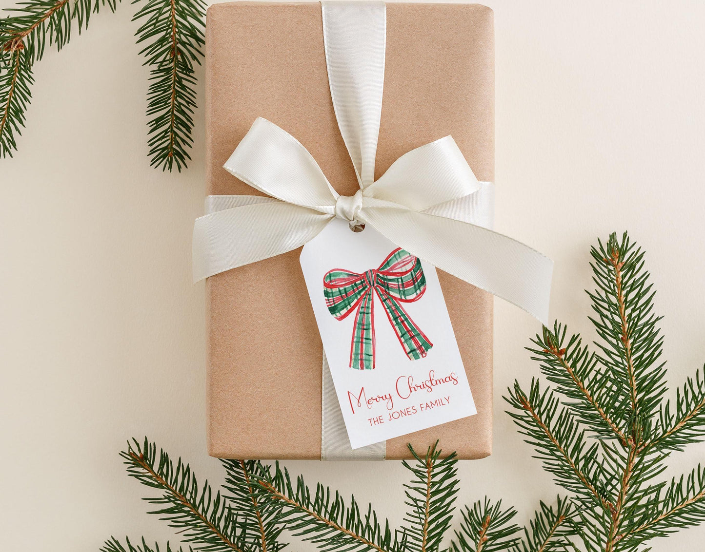Personalized 2 x 3.5 inch Christmas Gingham Bow Gift Tags | Custom Gift Tags