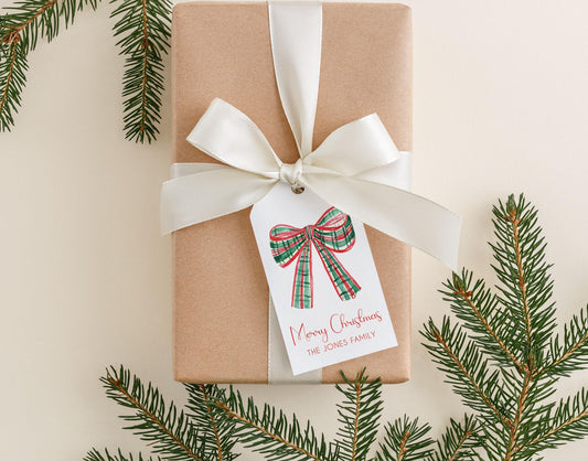 Personalized 2 x 3.5 inch Christmas Gingham Bow Gift Tags | Custom Gift Tags