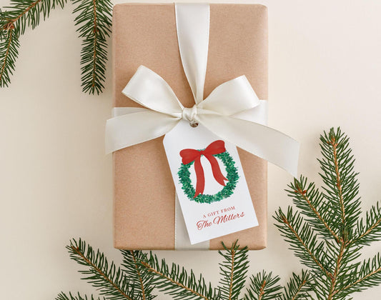 Personalized 2 x 3.5 inch Watercolor Big Red Bow Christmas Wreath Gift Tags | Custom Gift Tags