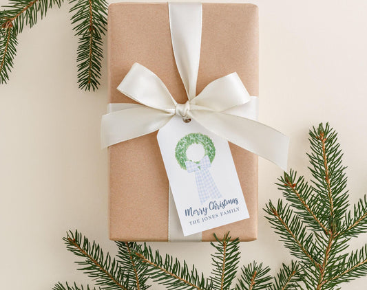 Personalized 2 x 3.5 inch Blue Watercolor Christmas Wreath Gift Tags | Custom Gift Tags