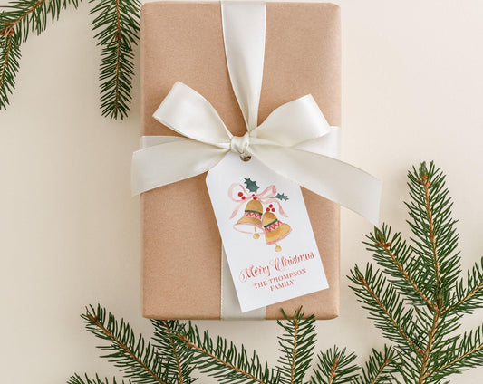 Personalized 2 x 3.5 inch Watercolor Christmas Bell Gift Tags | Custom Gift Tags | Colorful Girl Gift Tag