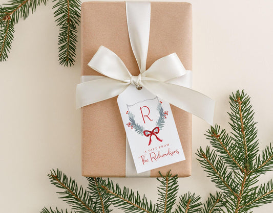 Personalized 2 x 3.5 inch Christmas Initial Crest Gift Tags | Custom Gift Tags