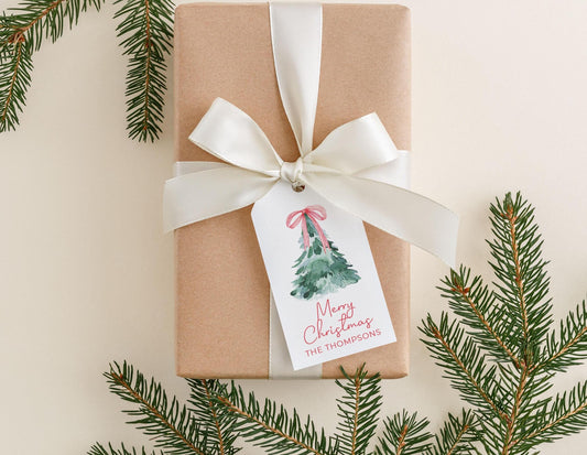 Personalized 2 x 3.5 inch Watercolor Bow Christmas Tree Gift Tags | Custom Gift Tags