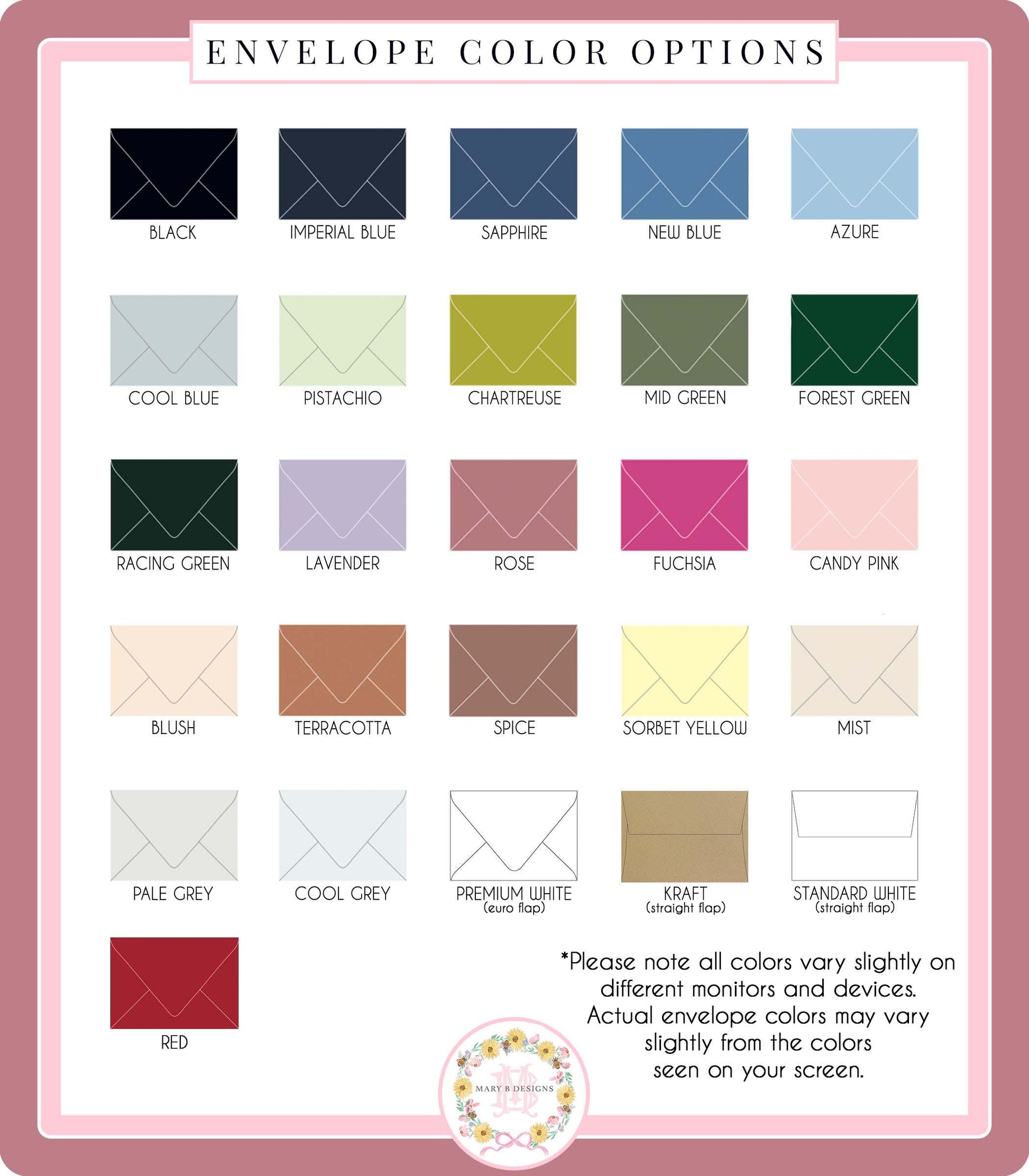 a collection of envelope color options, including various shades of black, royal grey, cool grey, and other colors.