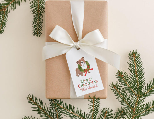 Personalized Bulldog Christmas Gift Tags, Watercolor Dog Holiday Gift Tag