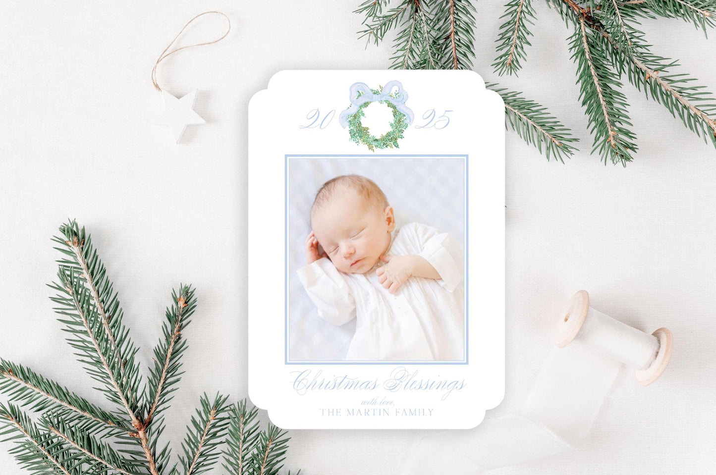 Custom Double Rounded Die-cut Personalized Wreath Photo Christmas Cards