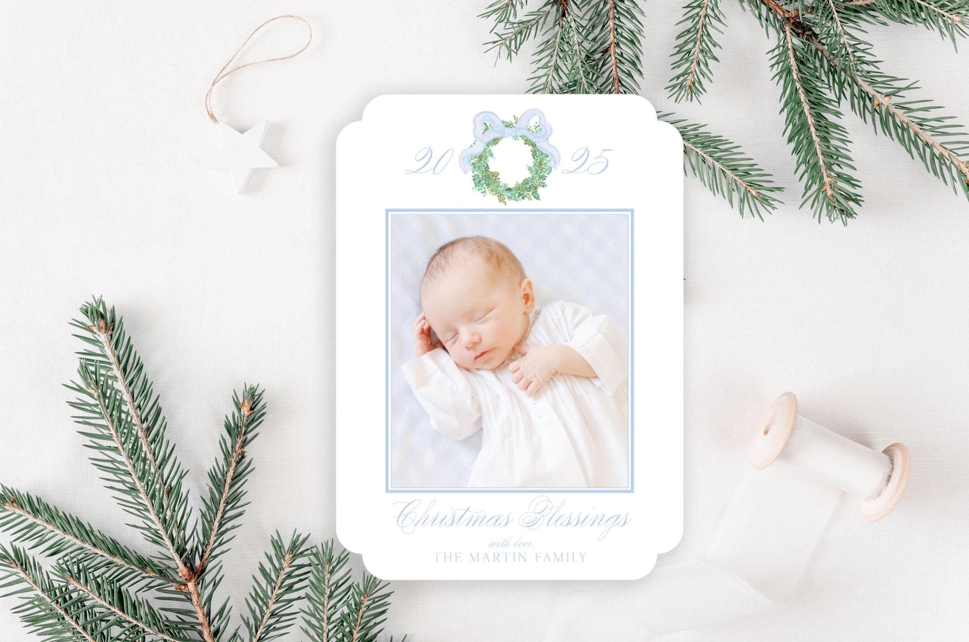 Custom Double Rounded Die-cut Personalized Wreath Photo Christmas Cards