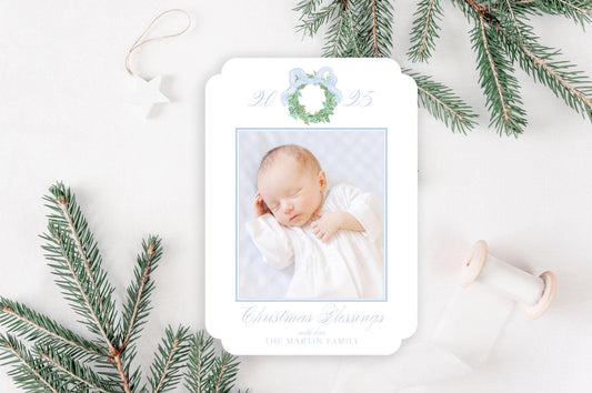 Custom Double Rounded Die-cut Personalized Wreath Photo Christmas Cards