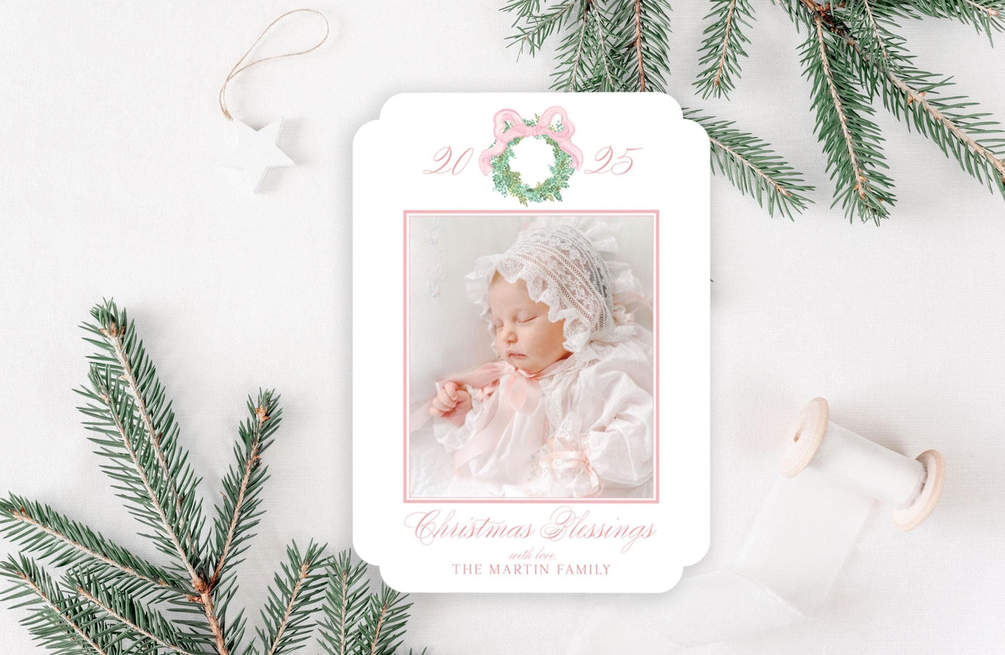 Custom Double Rounded Die-cut Personalized Wreath Photo Christmas Cards
