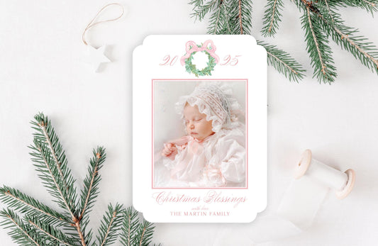Custom Double Rounded Die-cut Personalized Wreath Photo Christmas Cards