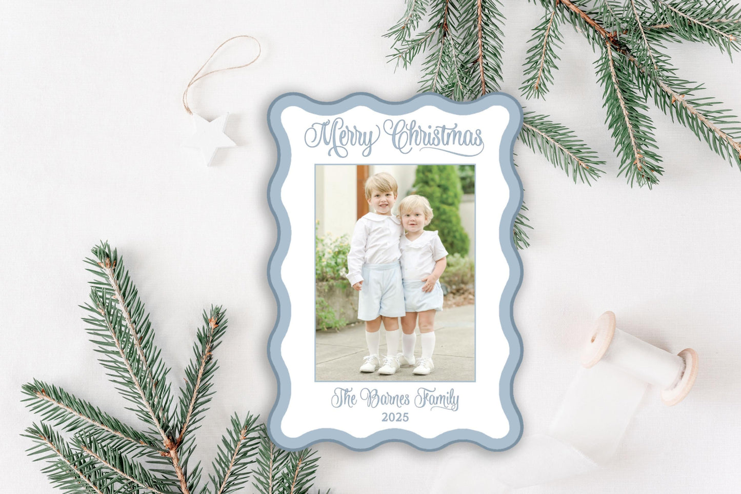Custom Blue Wavy Die-cut Personalized Photo Merry Christmas Cards