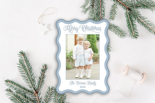 Custom Blue Wavy Die-cut Personalized Photo Merry Christmas Cards