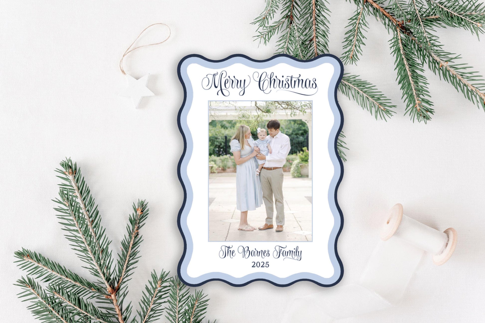 Custom Blue Wavy Die-cut Personalized Photo Merry Christmas Cards