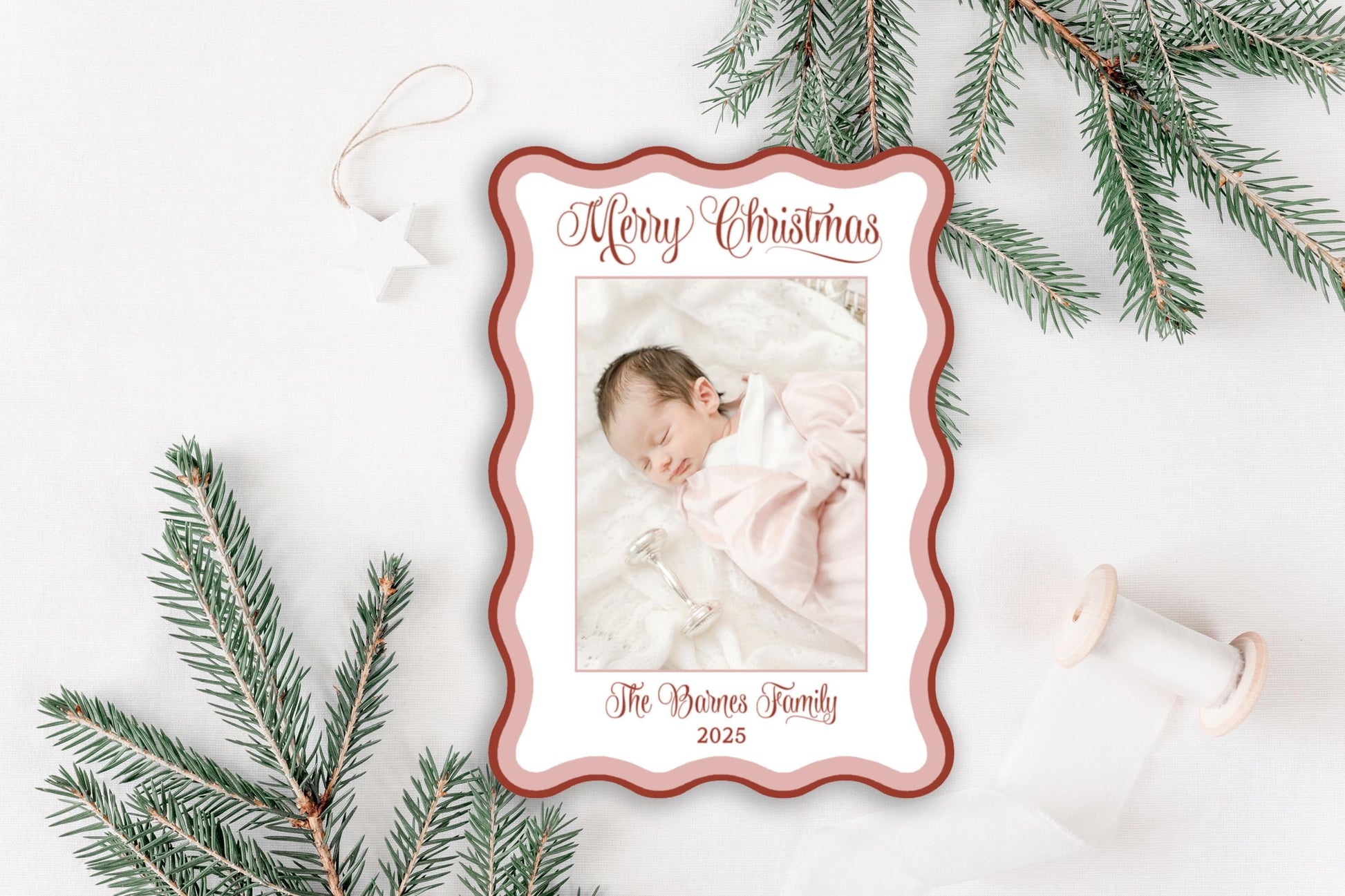 Custom Blue Wavy Die-cut Personalized Photo Merry Christmas Cards