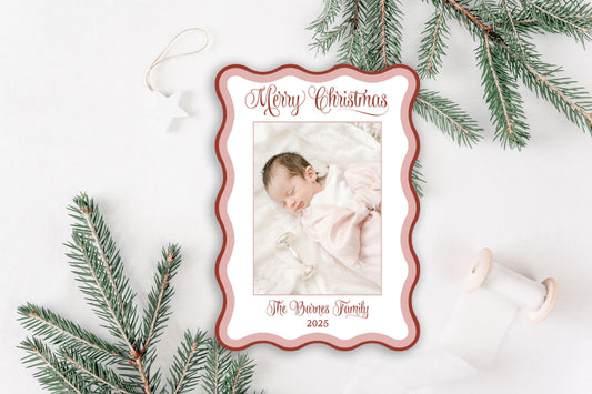 Custom Blue Wavy Die-cut Personalized Photo Merry Christmas Cards