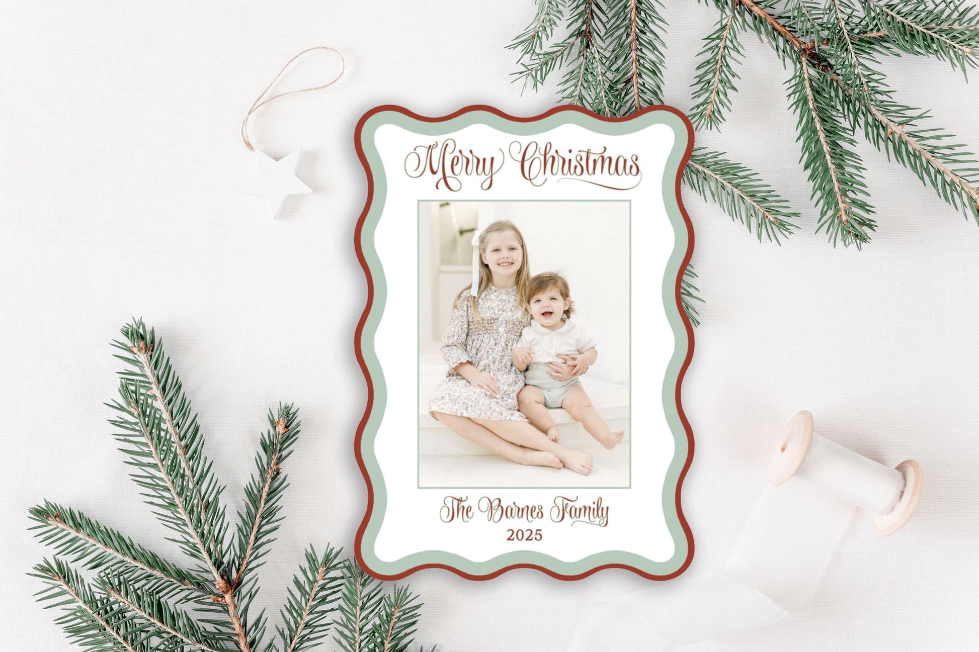 Custom Blue Wavy Die-cut Personalized Photo Merry Christmas Cards