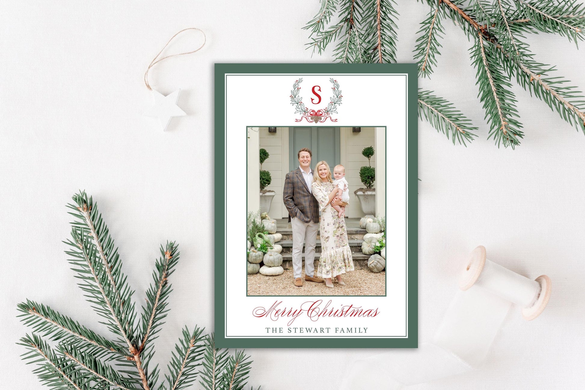 Custom Personalized Photo Christmas Cards - Initial Wreath