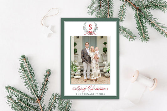 Custom Personalized Photo Christmas Cards - Initial Wreath