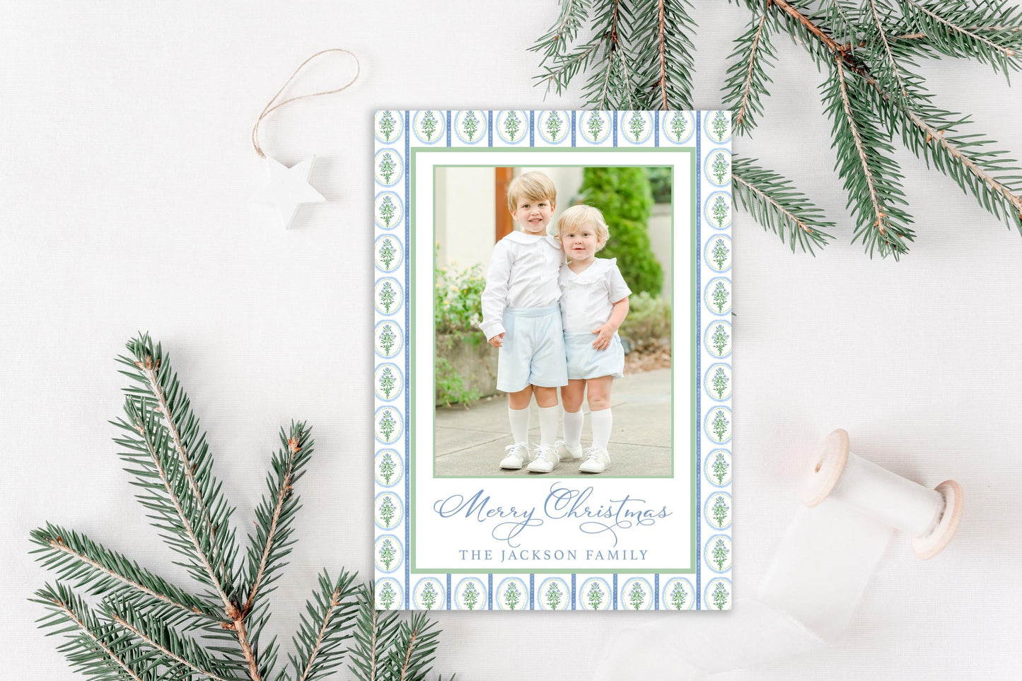 Custom Personalized Photo Christmas Cards - Greenery Border