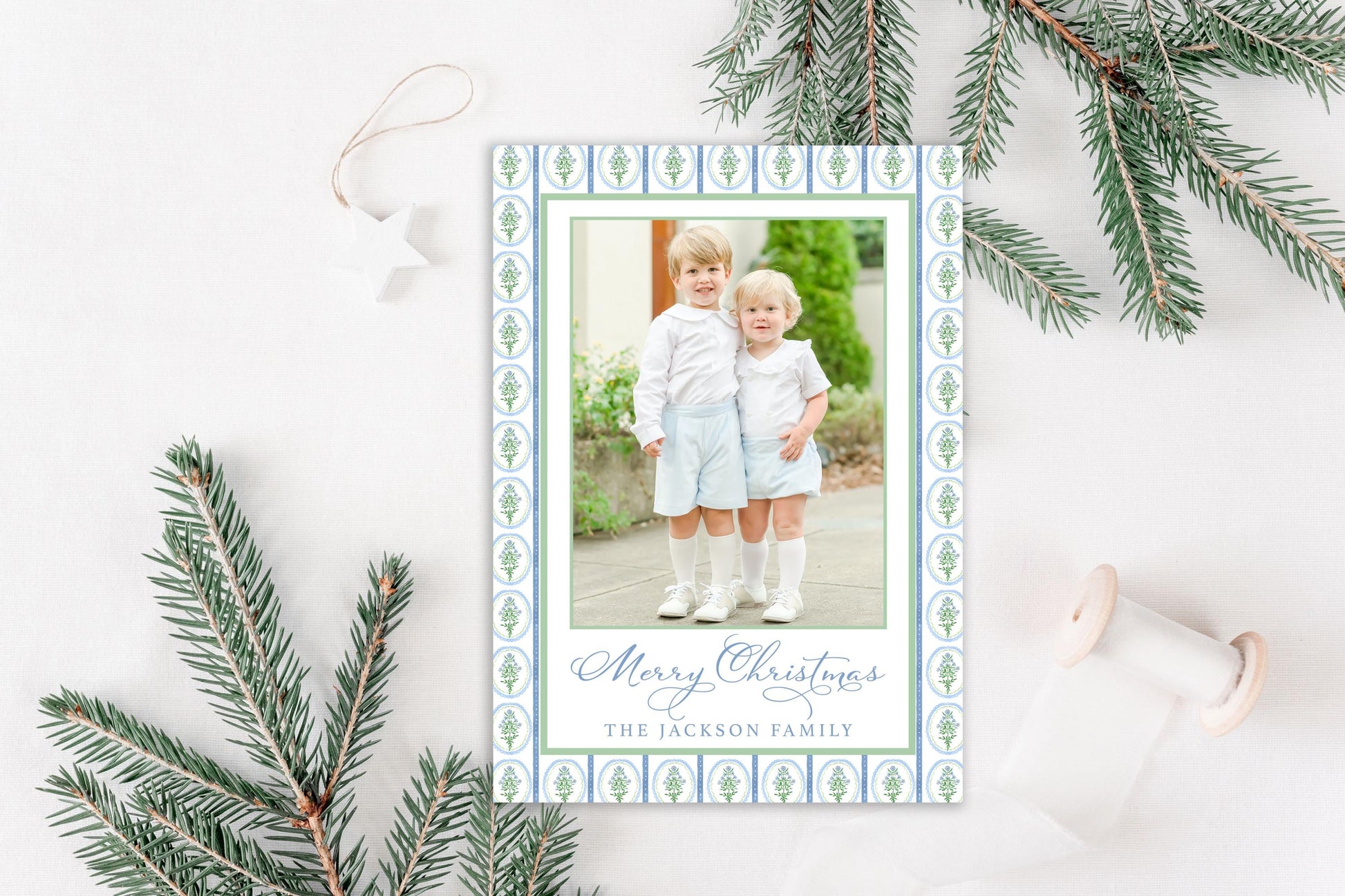 Custom Personalized Photo Christmas Cards - Greenery Border