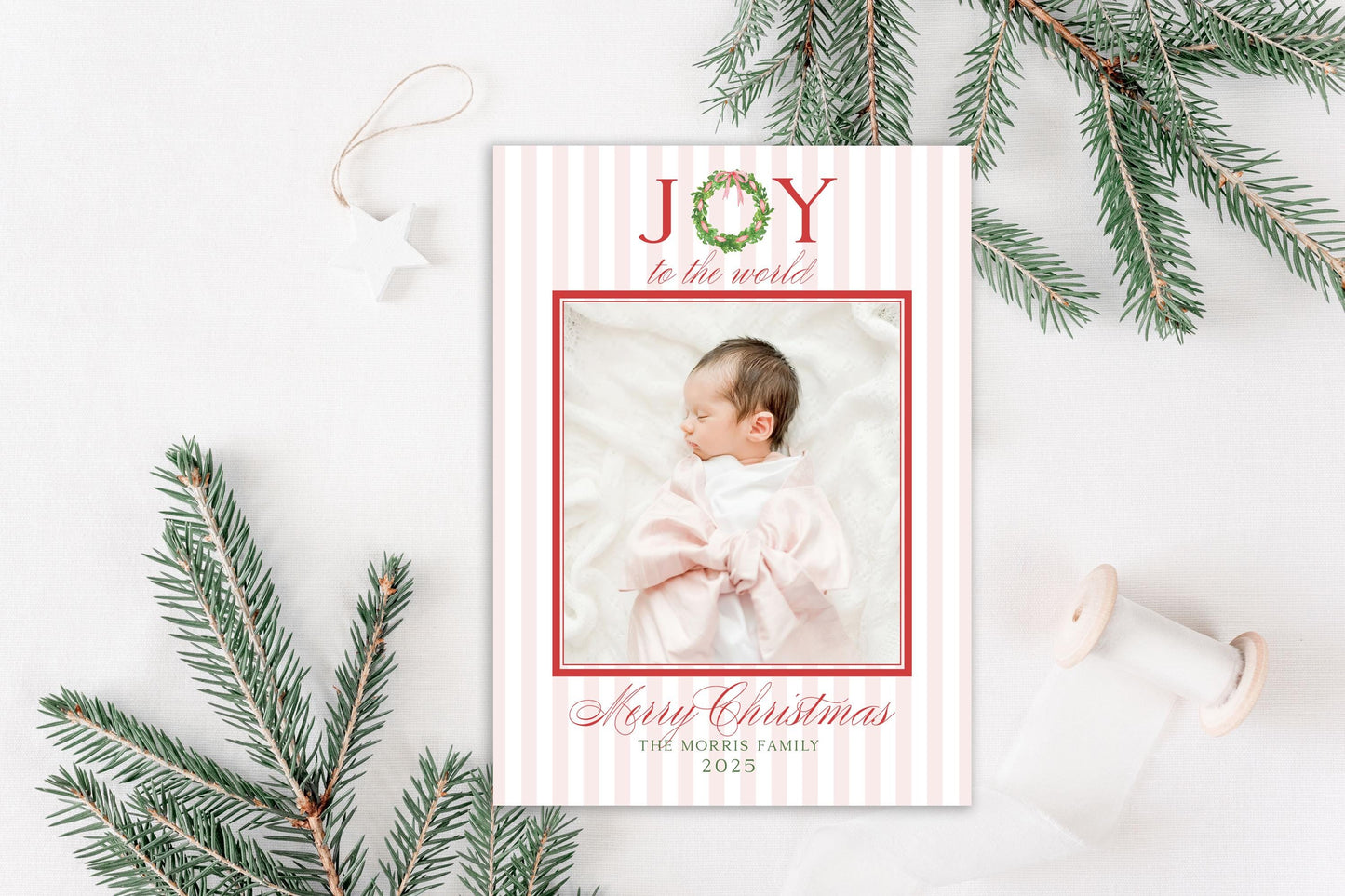 Custom Personalized Photo Christmas Cards - Joy to the world wreath