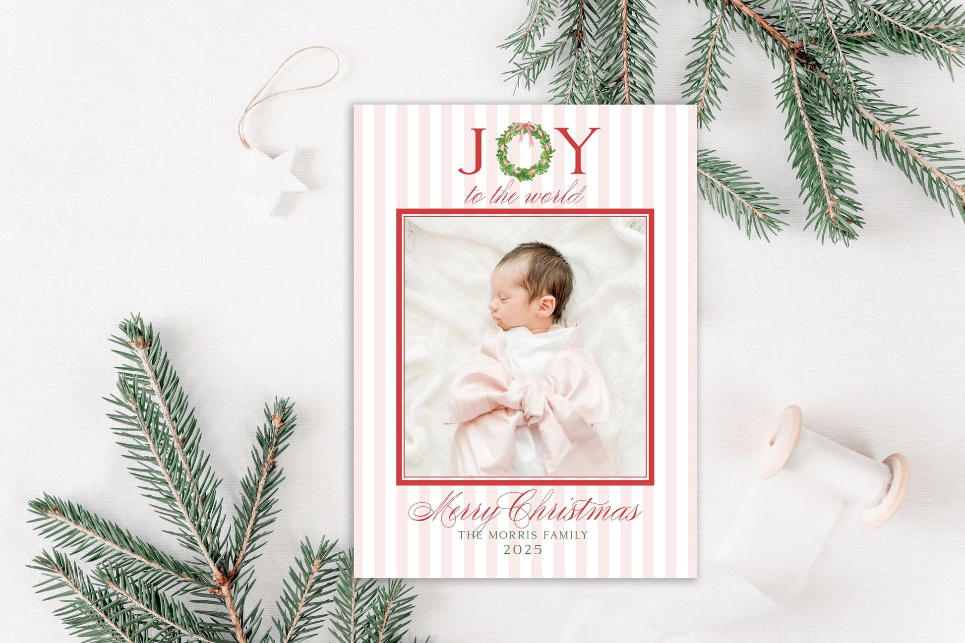 Custom Personalized Photo Christmas Cards - Joy to the world wreath