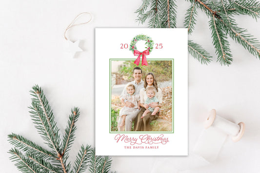 Custom Personalized Photo Christmas Cards - Bow Wreath