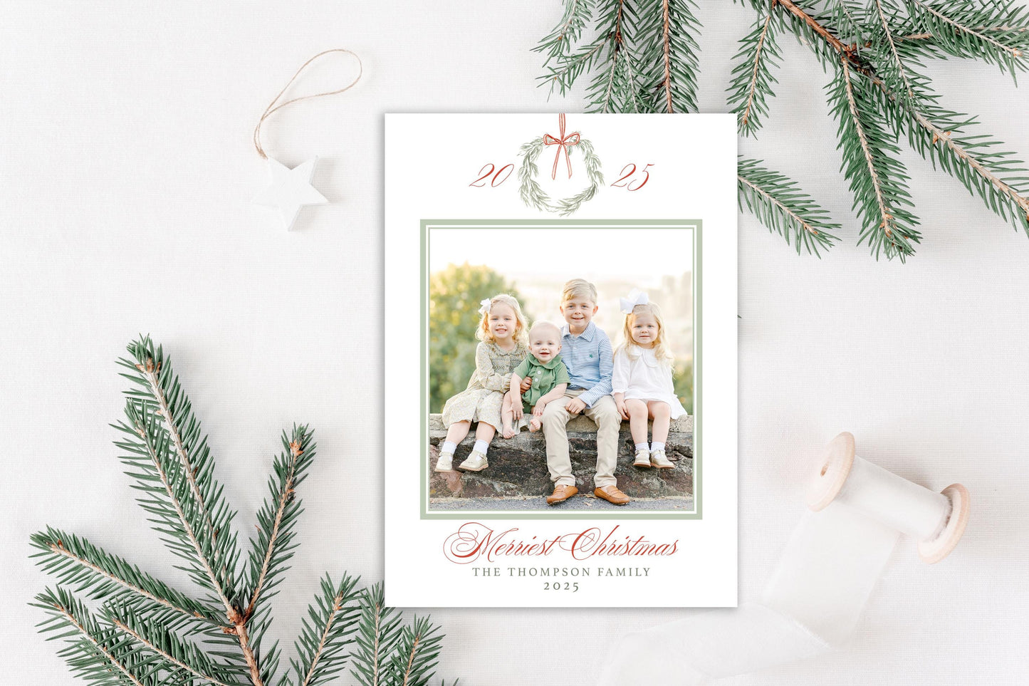 Custom Personalized Photo Christmas Cards - Light green wreath