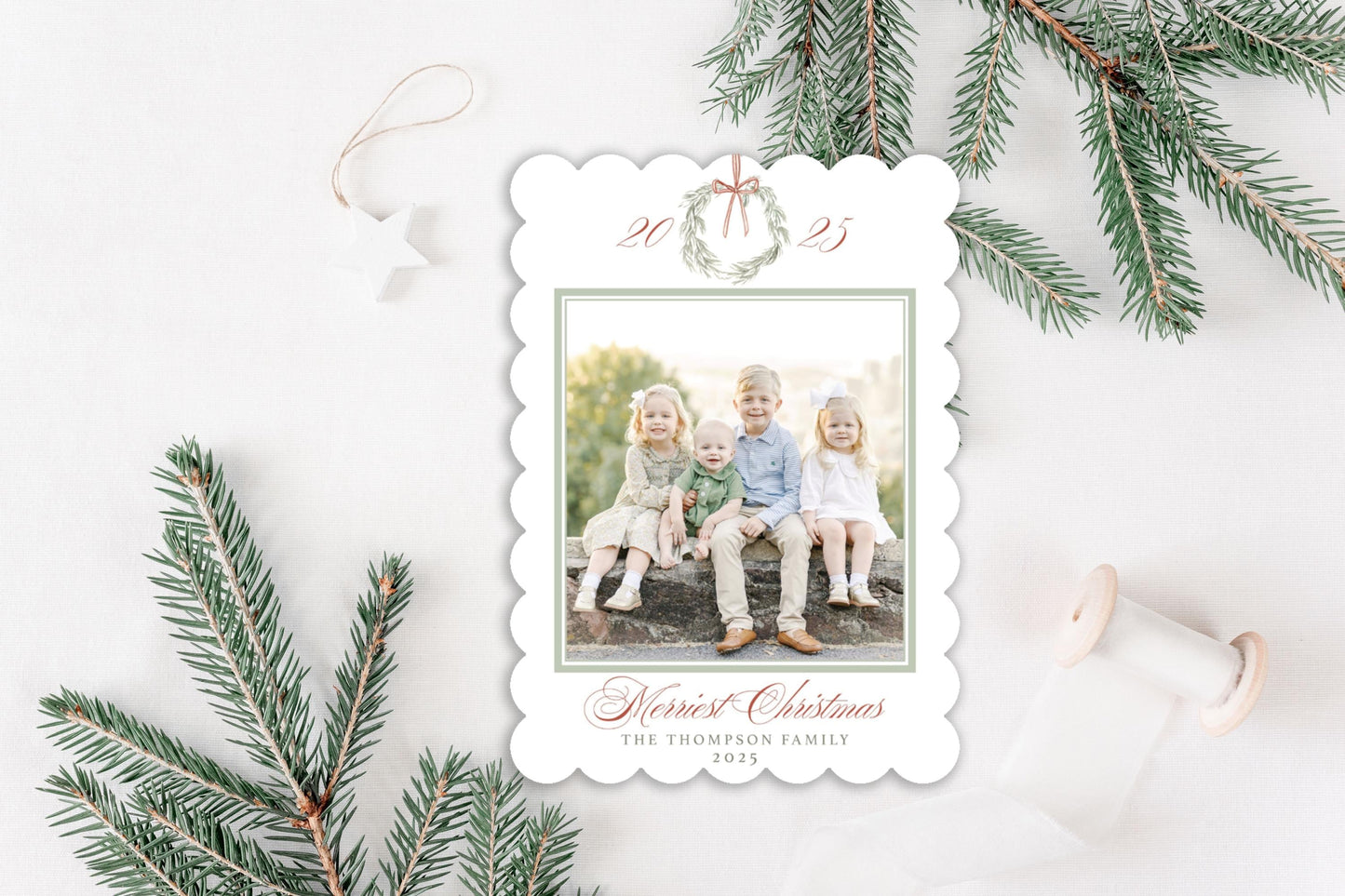 Custom Scalloped Die-cut Wreath Personalized Photo Merry Christmas Cards