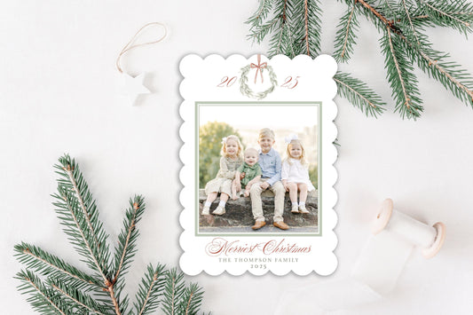 Custom Scalloped Die-cut Wreath Personalized Photo Merry Christmas Cards
