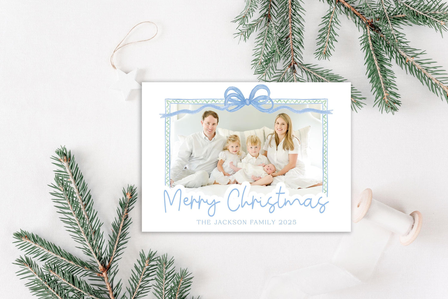 Custom Personalized Photo Christmas Cards - Blue Bow Border