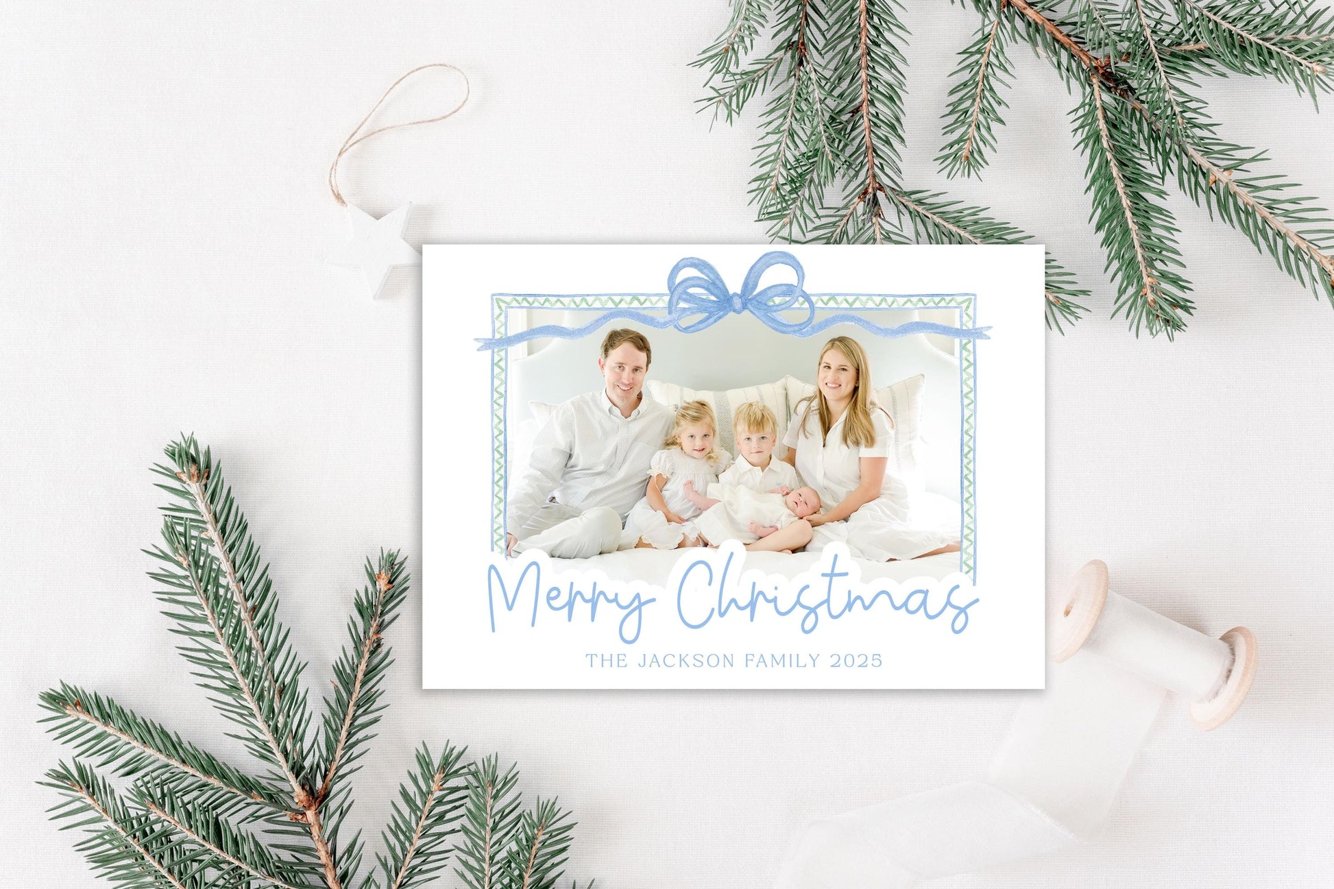 Custom Personalized Photo Christmas Cards - Blue Bow Border