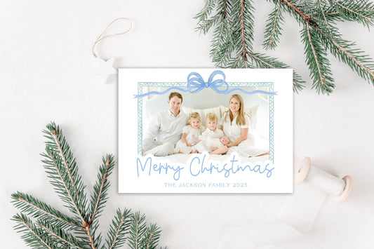 Custom Personalized Photo Christmas Cards - Blue Bow Border