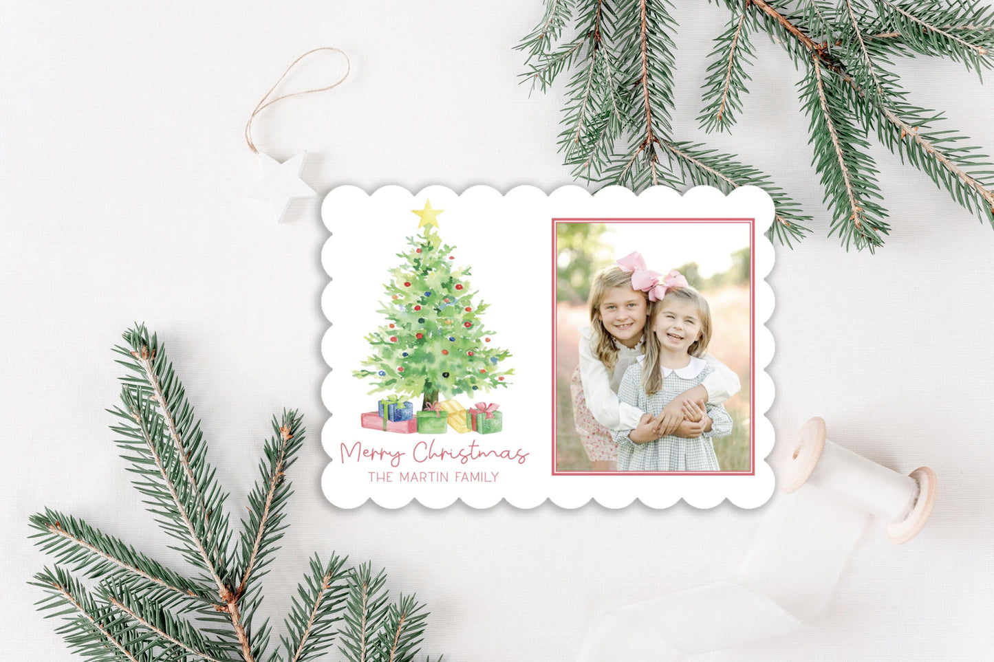 Custom Scalloped Die-cut Christmas Tree Personalized Photo Merry Christmas Cards