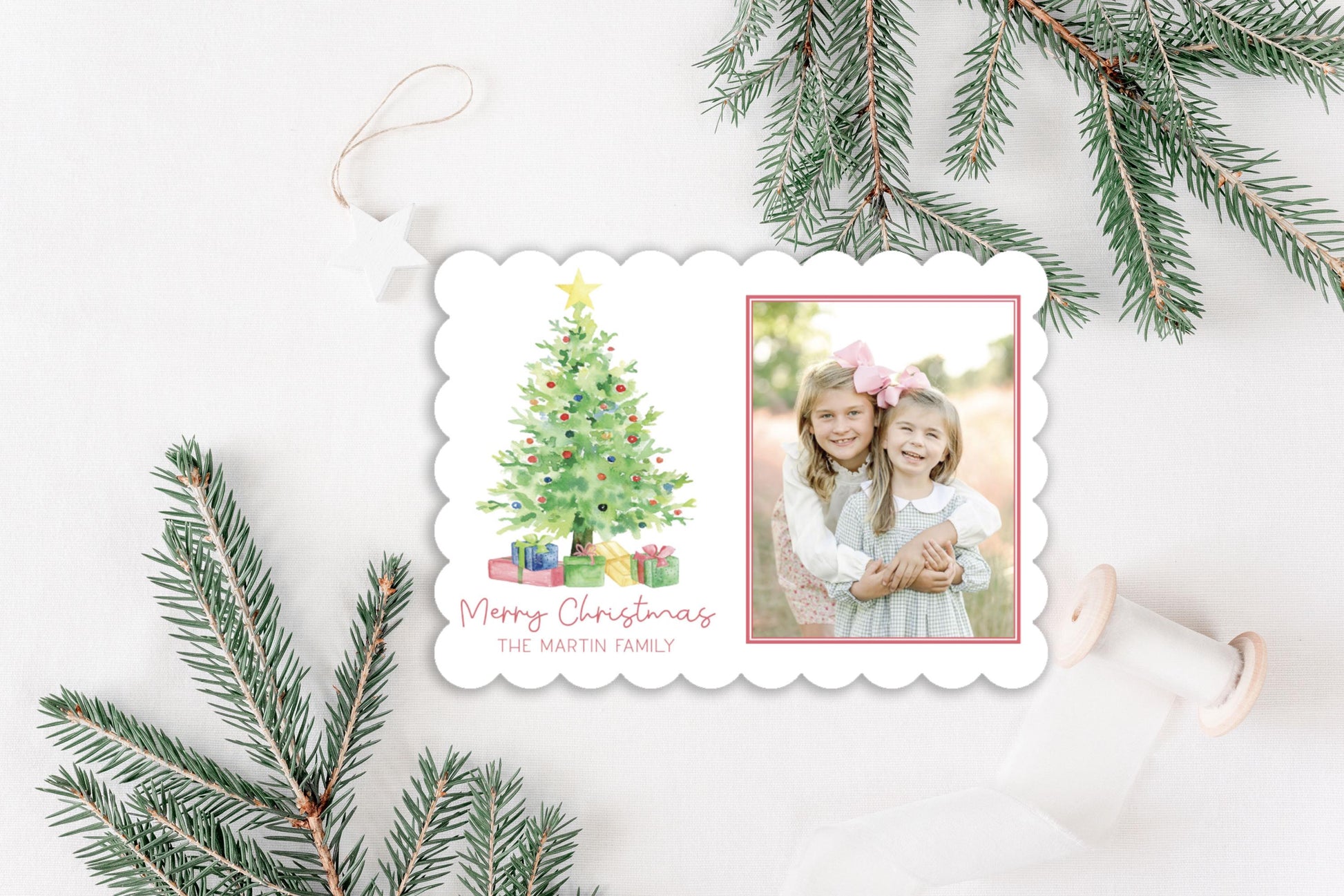 Custom Scalloped Die-cut Christmas Tree Personalized Photo Merry Christmas Cards