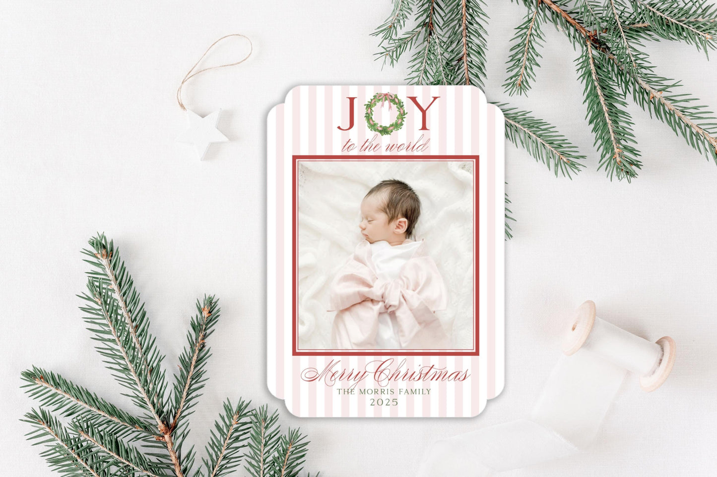 Custom Double Rounded Die-cut Personalized Joy to the World Photo Christmas Cards