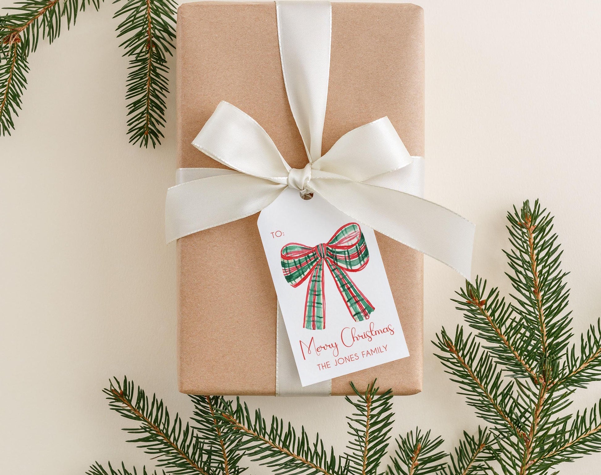 Personalized 2 x 3.5 inch Christmas Gingham Bow Gift Tags | Custom Gift Tags