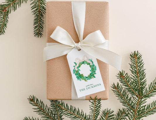 Personalized 2 x 3.5 inch Watercolor Tan Christmas Wreath Gift Tags | Custom Gift Tags