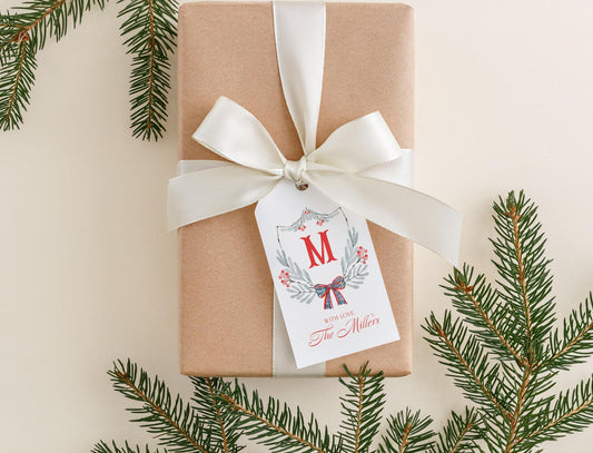 Personalized 2 x 3.5 inch Christmas Bow Crest Gift Tags | Custom Gift Tags