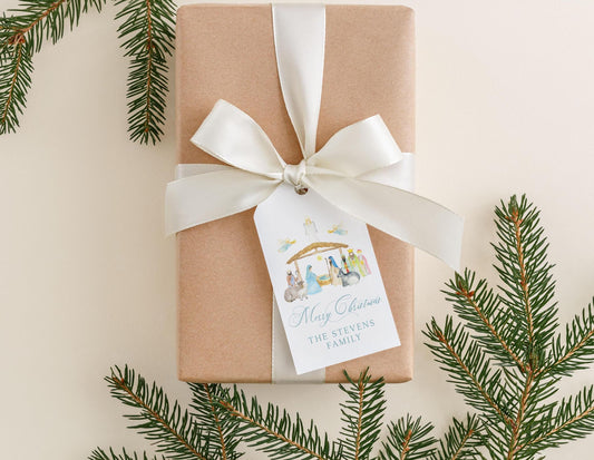 Personalized 2 x 3.5 inch Watercolor Christmas Nativity Gift Tags | Custom Gift Tag
