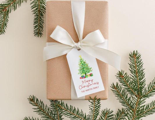 Personalized 2 x 3.5 inch Watercolor Christmas Tree Gift Tags | Custom Gift Tags