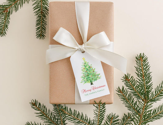 Personalized 2 x 3.5 inch Watercolor Christmas Tree Gift Tags | Custom Gift Tags