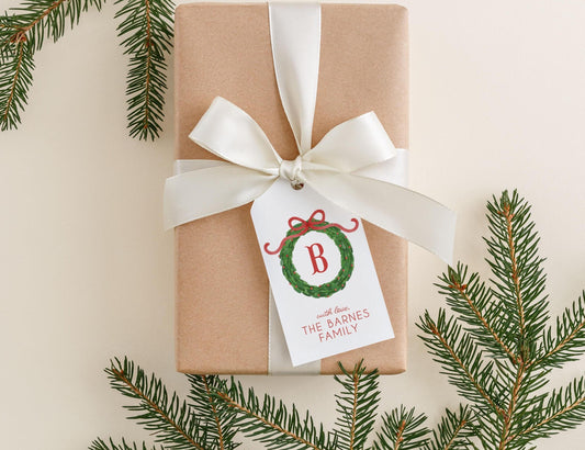Personalized 2 x 3.5 inch Watercolor Christmas Monogram Wreath Gift Tags with love | Custom Gift Tags
