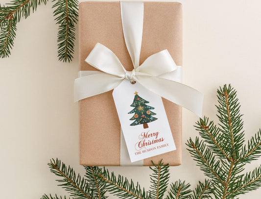 Personalized 2 x 3.5 inch Watercolor Christmas Tree Gift Tags | Custom Gift Tags