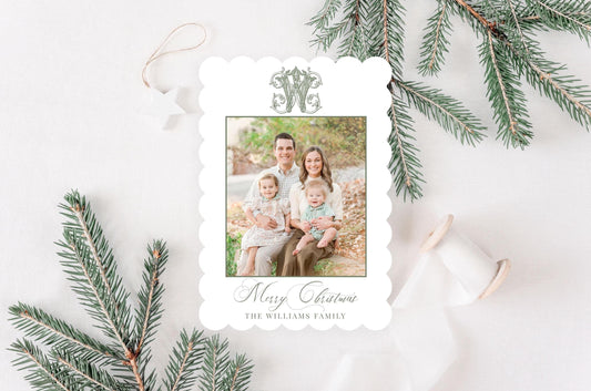 Custom Scalloped Die-cut Wreath Personalized Photo Merry Christmas Cards - Vintage Initial