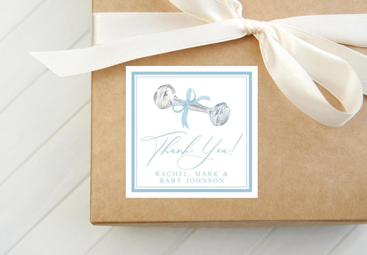 Personalized Watercolor Blue Baby Rattle Calling Card, Boy Bow Enclosure Card, Newborn Gift Tag