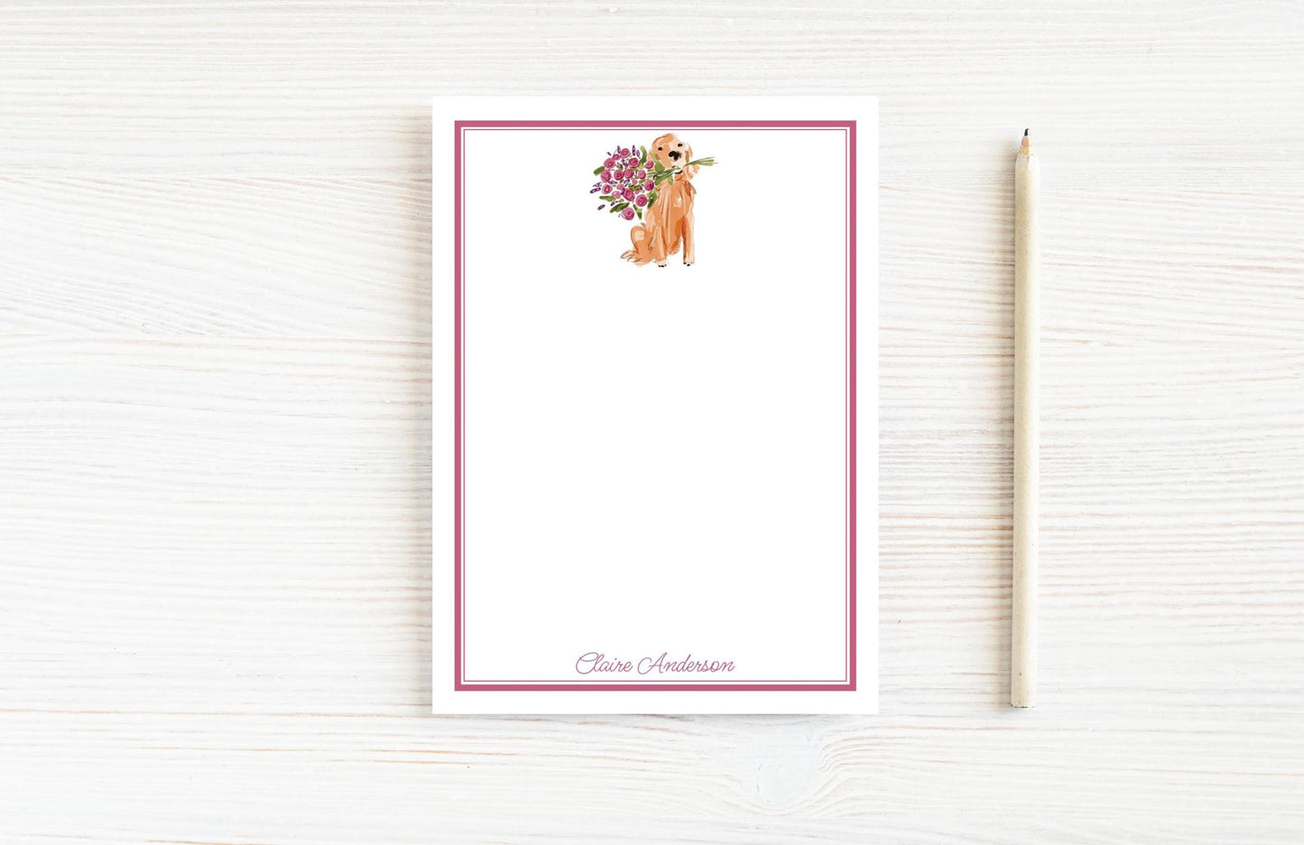 Personalized 5.5X5.5 or 5X7 Watercolor Floral Golden Retriever Notepad, Dog Flowers Note