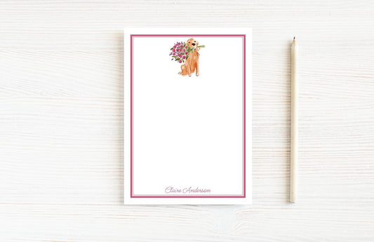 Personalized 5.5X5.5 or 5X7 Watercolor Floral Golden Retriever Notepad, Dog Flowers Note